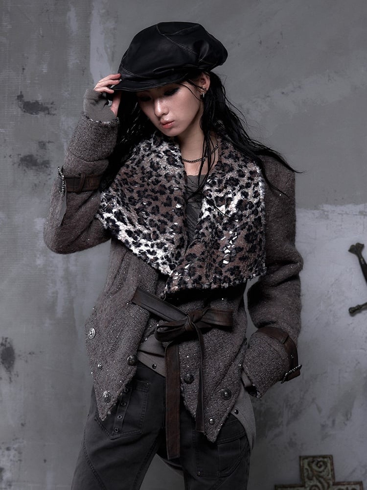 Straps Wool Coat with Tie Vintage Fabric Punk Leopard/Brown PU Reversible