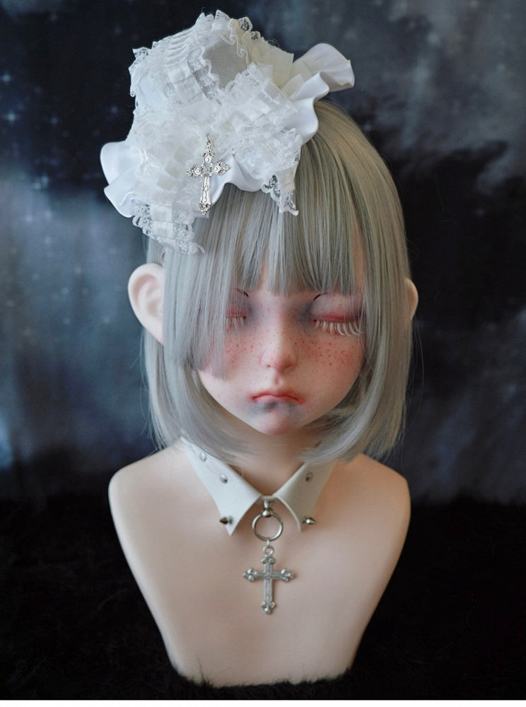 White Gothic Cross Lace Bow Ruffle Hem Hat Hairclip