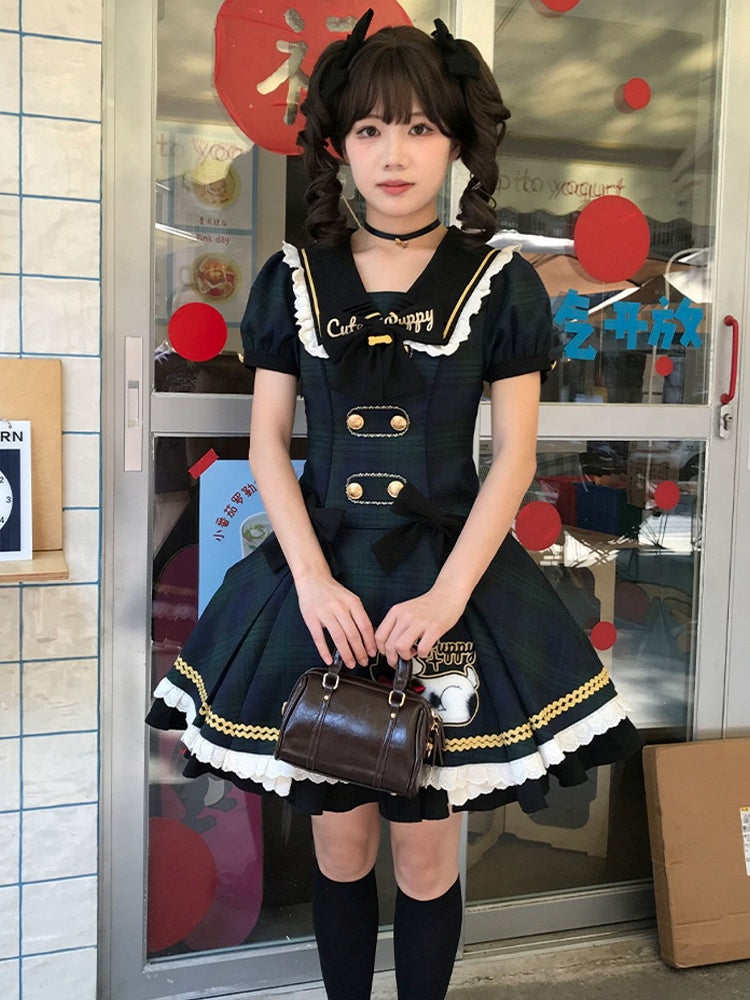 with Lace Plaid Trim Sweet Lolita Green and Black Dress Puppy Patch