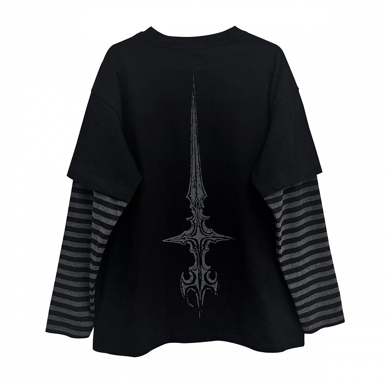 in with Faux Sigil Black Striped Gothic Sleeves Two-Piece Dark Style Top