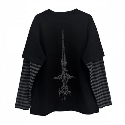 in with Faux Sigil Black Striped Gothic Sleeves Two-Piece Dark Style Top