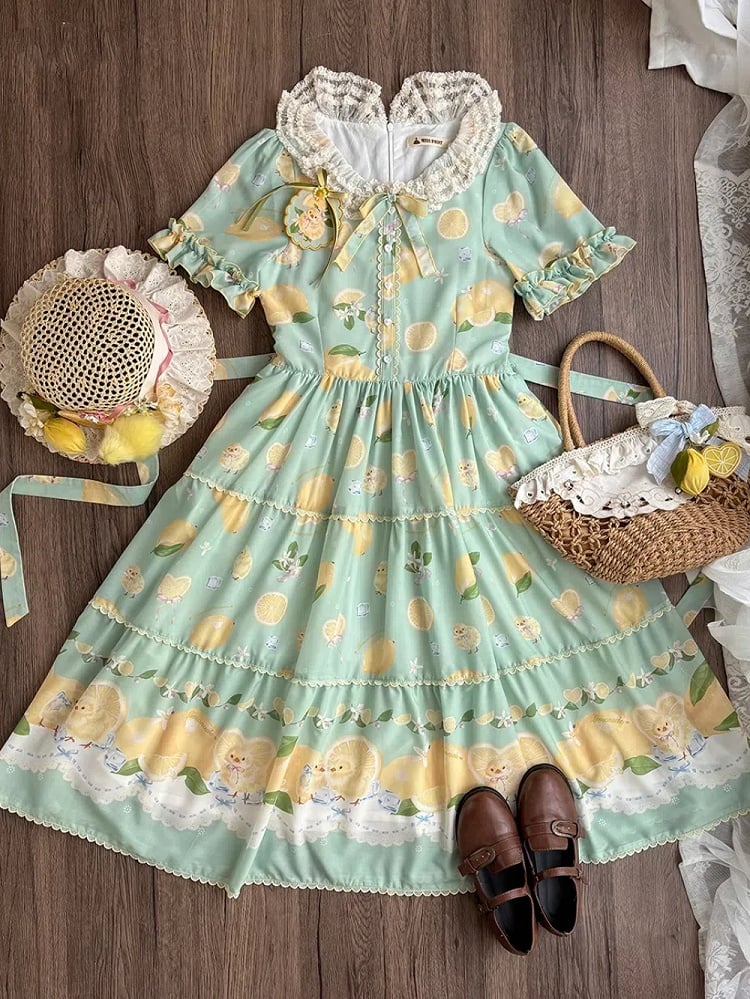 Summer and Print Spring for Chick Dress Green Lolita Short Sleeves Lemon