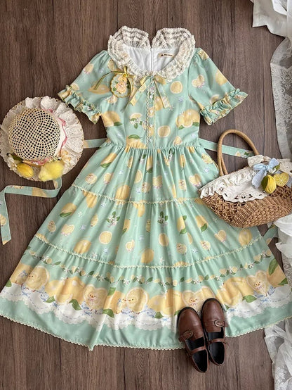 Summer and Print Spring for Chick Dress Green Lolita Short Sleeves Lemon