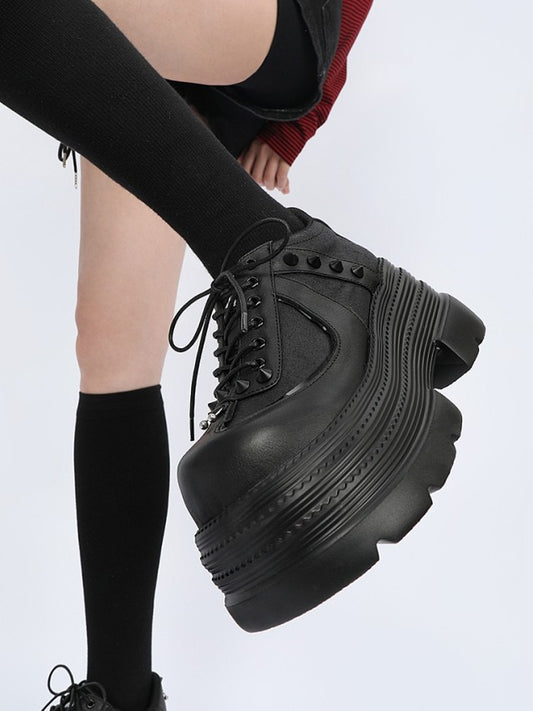 Platform Closure Design Shoes Black Lace-up Accents Stud with Punk