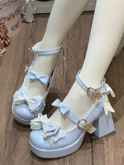 Mary Lolita Round-Toe Bow and with A Heel 8cm Janes Heels Delicate in Elegant - Blue White