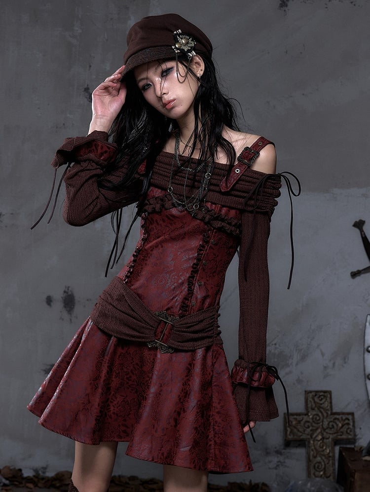 Dress Sleeves Vintage PU Red Brown Punk A-Line Bell Off-Shoulder with Design Knit