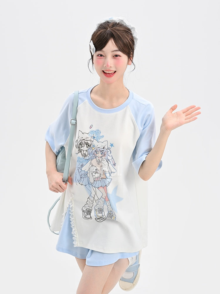 ライトブルーデザイン アニメガールプリントTシャツ カラーブロック ショート/ロングバージョン