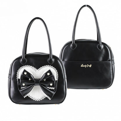 Verzierte süße schwarze Handperlentasche Plüsch Lolita Herzschleife