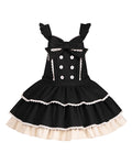 Tiered Ruffle Overall Sweet Dress Black Hem and Shoulder with Straps Lolita Bow