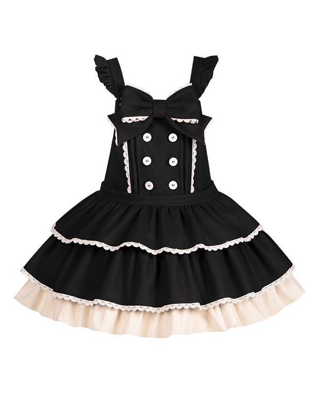 Tiered Ruffle Overall Sweet Dress Black Hem and Shoulder with Straps Lolita Bow