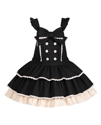 Tiered Ruffle Overall Sweet Dress Black Hem and Shoulder with Straps Lolita Bow