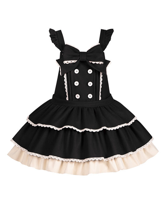 Tiered Ruffle Overall Sweet Dress Black Hem and Shoulder with Straps Lolita Bow