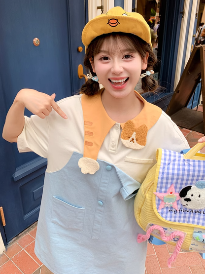 Zweiteiliges Kleid mit entzückendem Katzenkragen in Blau und Weiß mit Farbblock-Design