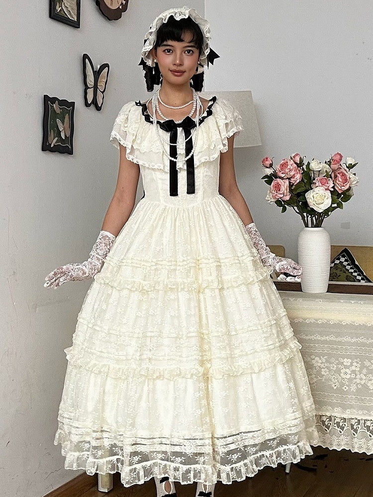 Elegant Classic Beige & Black Lolita Long JSK Gown with Butterfly Bow and Layered Skirt - Miss Cube Dressworks