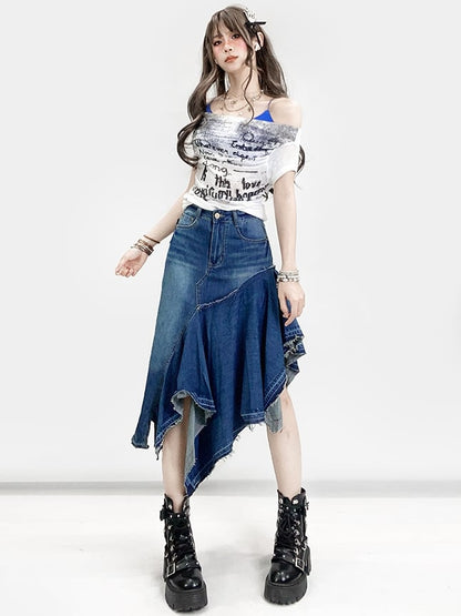 Mermaid Hem Asymmetrical Blue Y2K Skirt