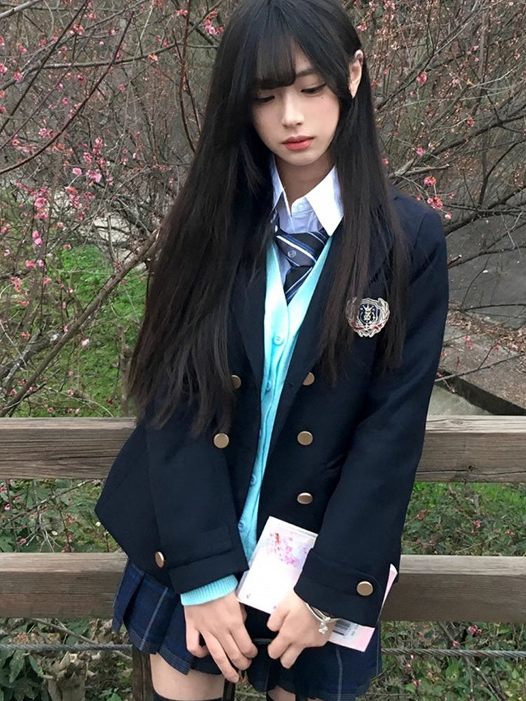 JK Dekoriert Blazer Blau Preppy Stil Abzeichen Uniform Dunkel