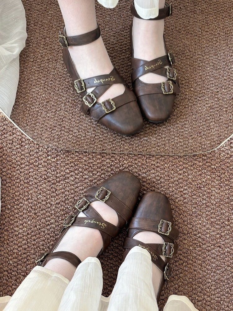 Toe Low Brown with Design Heels Lolita Crisscross Classic Shoes Square