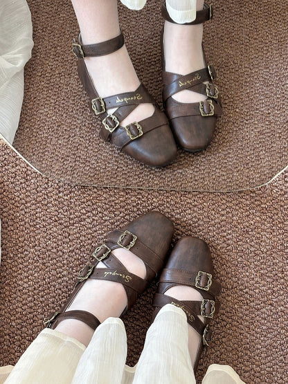 Toe Low Brown with Design Heels Lolita Crisscross Classic Shoes Square