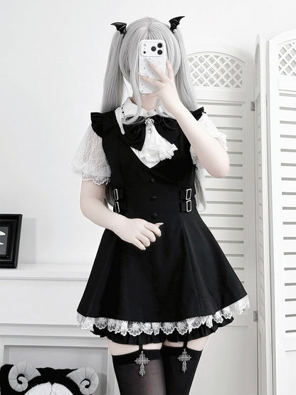Jabot Black Jirai-Kei Plaid Short Sleeve Gown with Lace Bow Accents + Matching Shorts Set - Puzzles