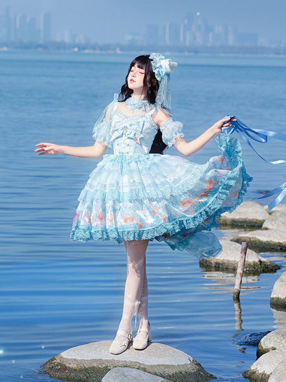 Robe salopette asymétrique imprimé poisson rouge - Mewroco