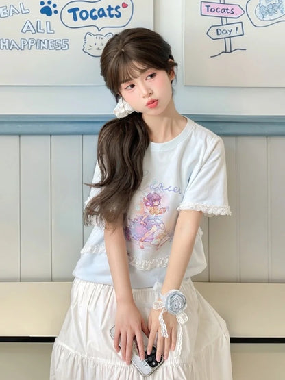 ブルー ラウンドネック レース ルーズ Tシャツ アップリケ 蟹座 星座プリント