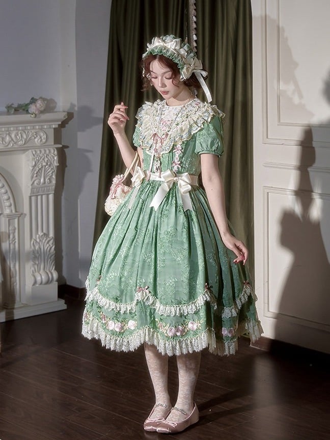 Floral Embroidered Green Lolita OP Gown with Scalloped Lace Hem