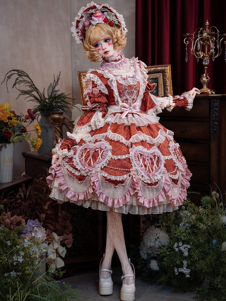 赤い花嫁ロゼット刺繍の花とビーズチェーンのディテールロリータOPフルセット