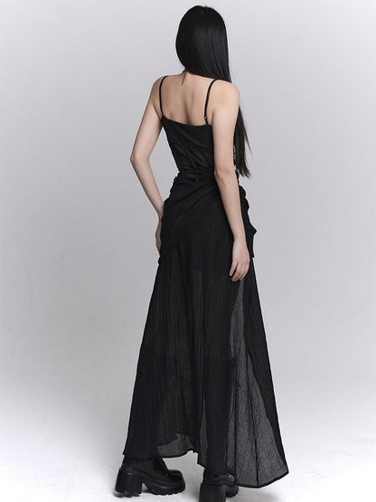 Gothic Black Twist Detail Slit Slip Dress
