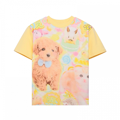 Light Yellow Round Neck Cute Puppy Print T-Shirt