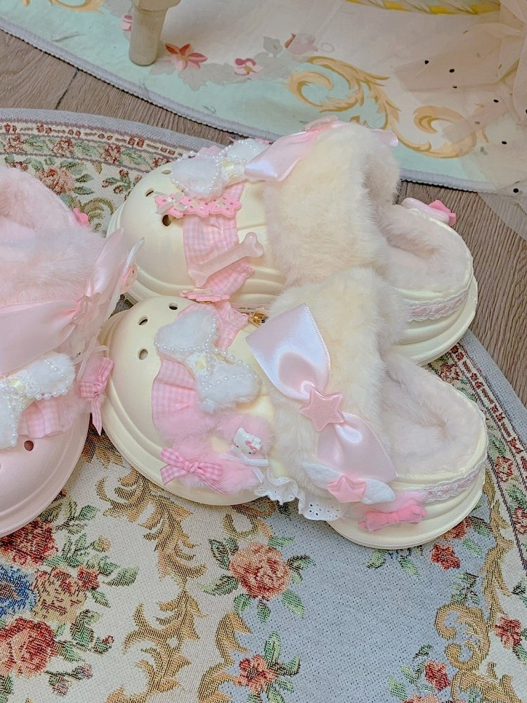 Lolita Sweet Bow with Platform Crocs-style Clogs Ruffle - Decor Version Beige Trim Regular/Thicken