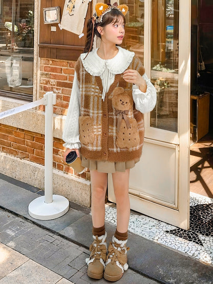 Brown Cute Cookie Bear Adorned Plaid Vest