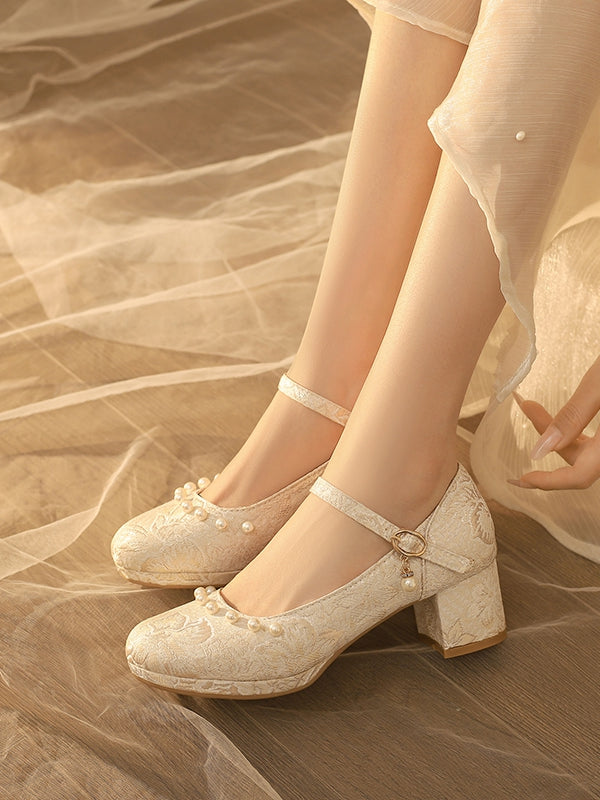 Beige Heels Pattern Lolita Floral Block Mid Details Beads Qi Satin -