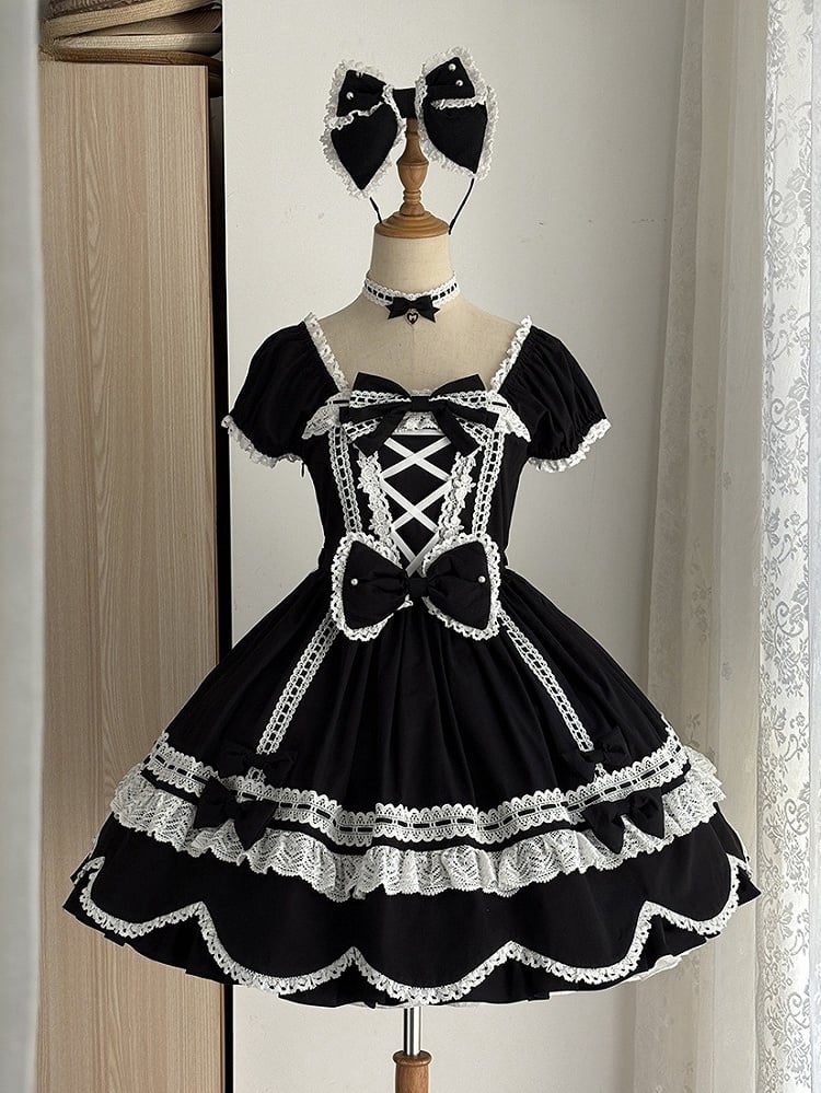 Lolita Ärmel Schwarz Alt Kurzer Ausschnitt Schulstück Puff Square One und Kleid Baumwolle