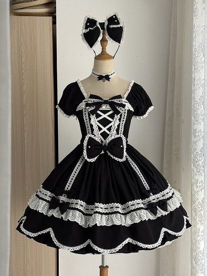 Lolita Ärmel Schwarz Alt Kurzer Ausschnitt Schulstück Puff Square One und Kleid Baumwolle