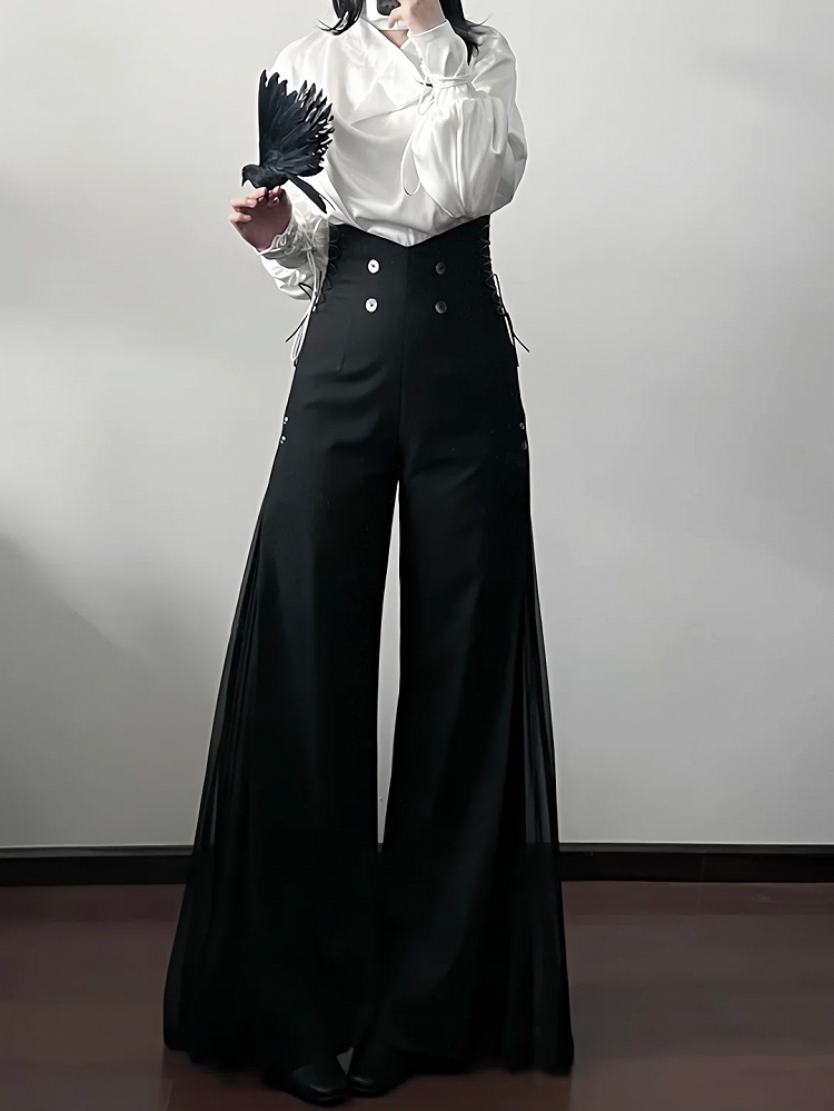 Ouji Style 110cm High Waist Wide-Leg Black Pants with Pleated Chiffon Panel - DevilInspired Exclusive Collection