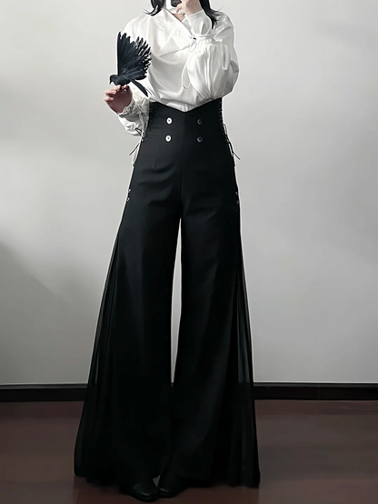 Ouji Style 110cm High Waist Wide-Leg Black Pants with Pleated Chiffon Panel - DevilInspired Exclusive Collection