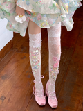 Floral Embroidery Overknee White Trim Stockings Lace