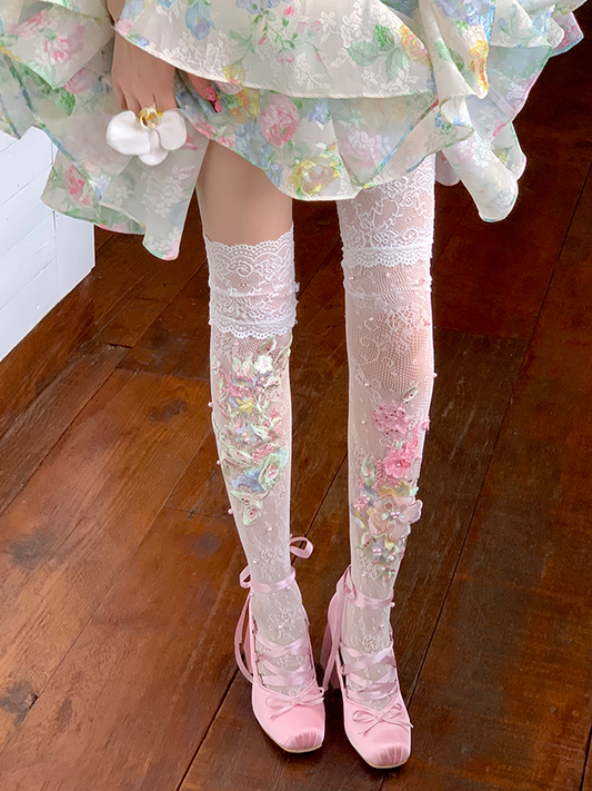 Floral Embroidery Overknee White Trim Stockings Lace