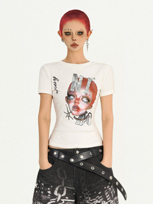 Punk White Graphic T-shirt Slim-Fit Girl Redhead