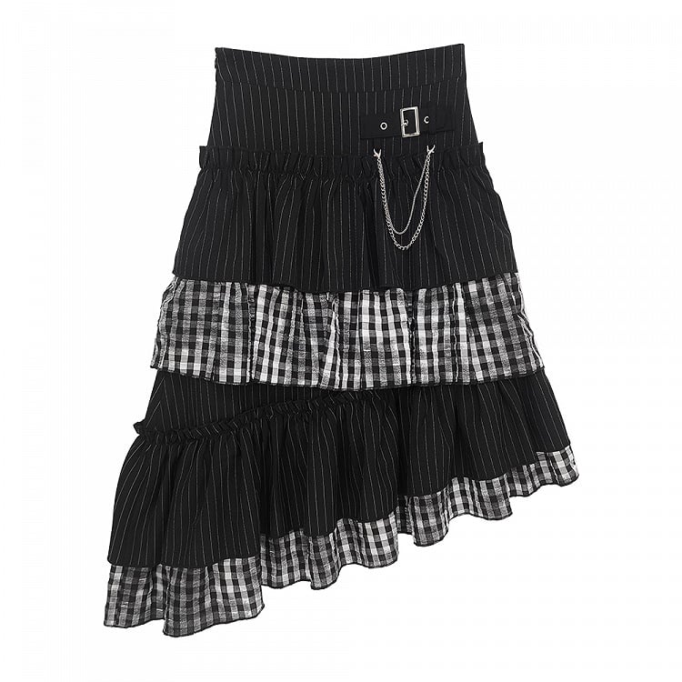 Asymmetrical Stripes Tiered Pattern Plaid Black Hem Skirt with and Y2K