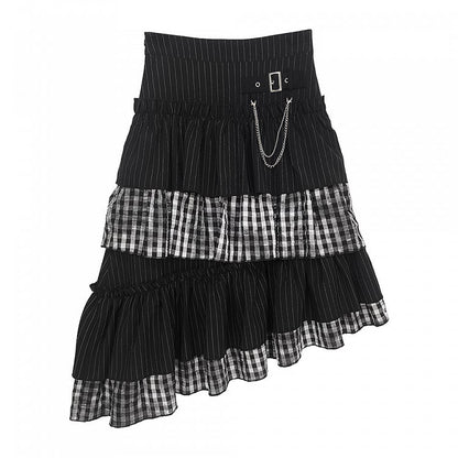 Asymmetrical Stripes Tiered Pattern Plaid Black Hem Skirt with and Y2K