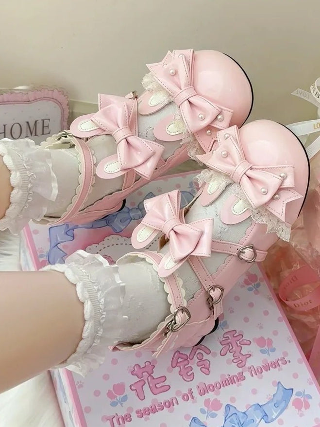 Low-heel Accent in Janes Pink Mary with Rabbit Ear Bow Sweet Lolita Leather PU