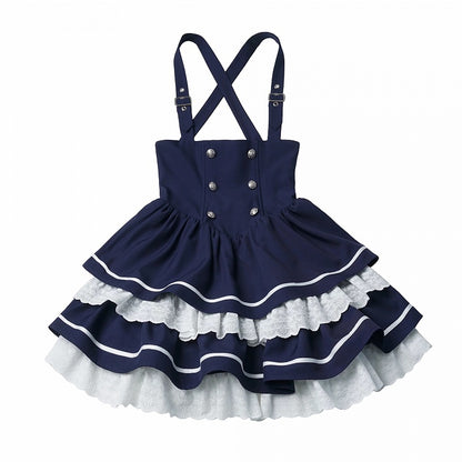 Navy Tiered Ruffle Overall Skirt with Lace Details - PINK SAVIOR