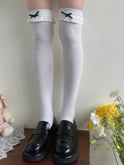 White/Black Lolita Stockings Lace Decorated Bowknot Trim Over-Knee