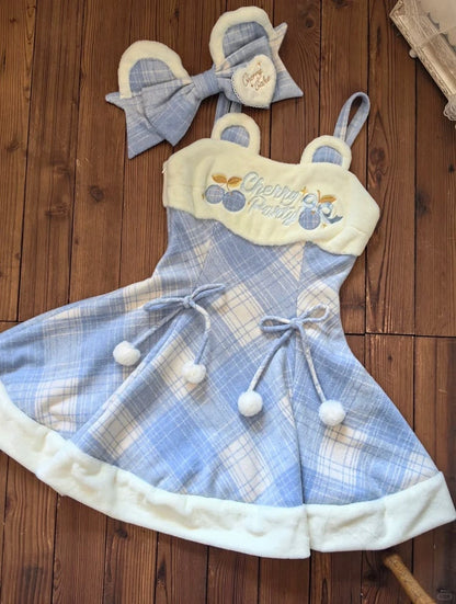 für Süße Plaid Kleid Lolita Herbst und Pom-Poms Bestickt Winter Kirsche Blau mit