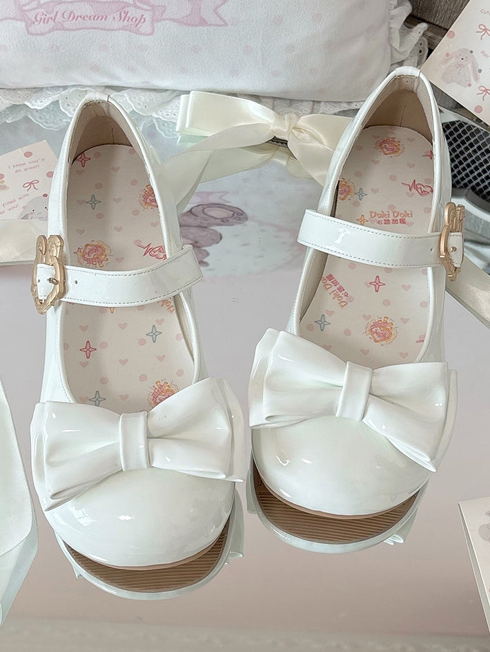 in PU Decorative Bow with Rabbit-shaped Toe and Round Low-heel Shoes Clasp White
