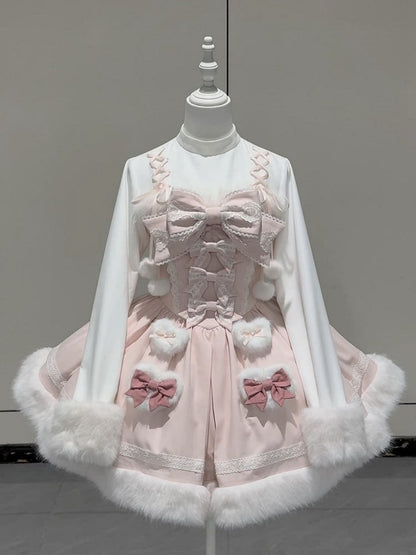 Sleeves Long Two-pieces Sweet OP Winter with Cuffs Dress Hemline Plush Fake Pink Lolita and