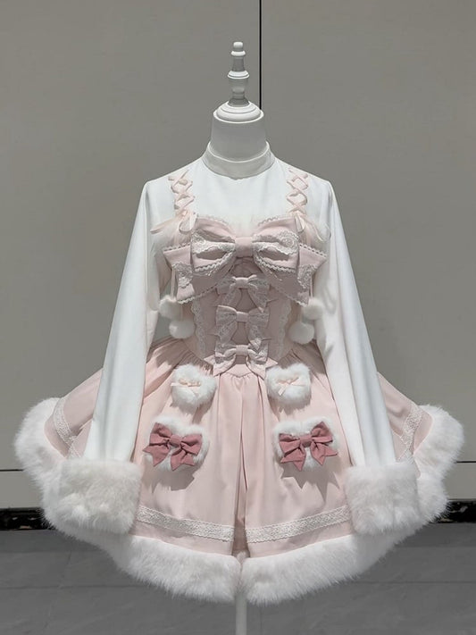 Sleeves Long Two-pieces Sweet OP Winter with Cuffs Dress Hemline Plush Fake Pink Lolita and