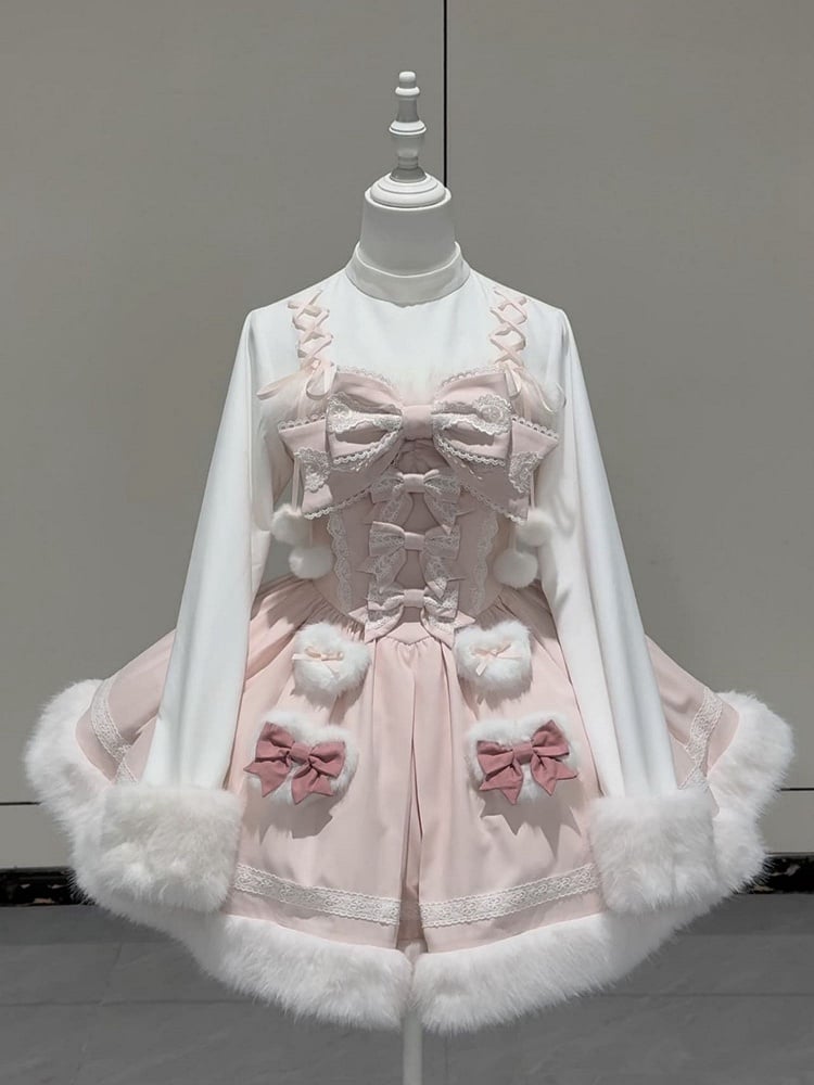 Fake OP Cuffs Winter Long Pink with and Hemline Lolita Sleeves Dress Sweet Two-pieces Plush