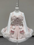 Fake OP Cuffs Winter Long Pink with and Hemline Lolita Sleeves Dress Sweet Two-pieces Plush